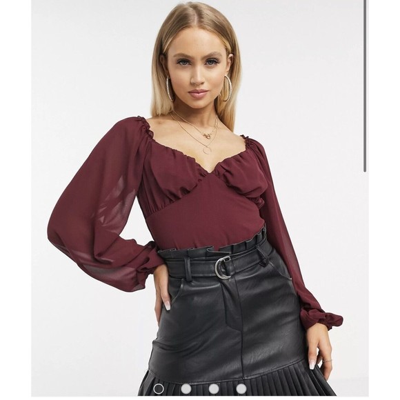 Missguided Tops - Misguided Maroon Sheer Long Sleeves Milkmaid Top US size 6